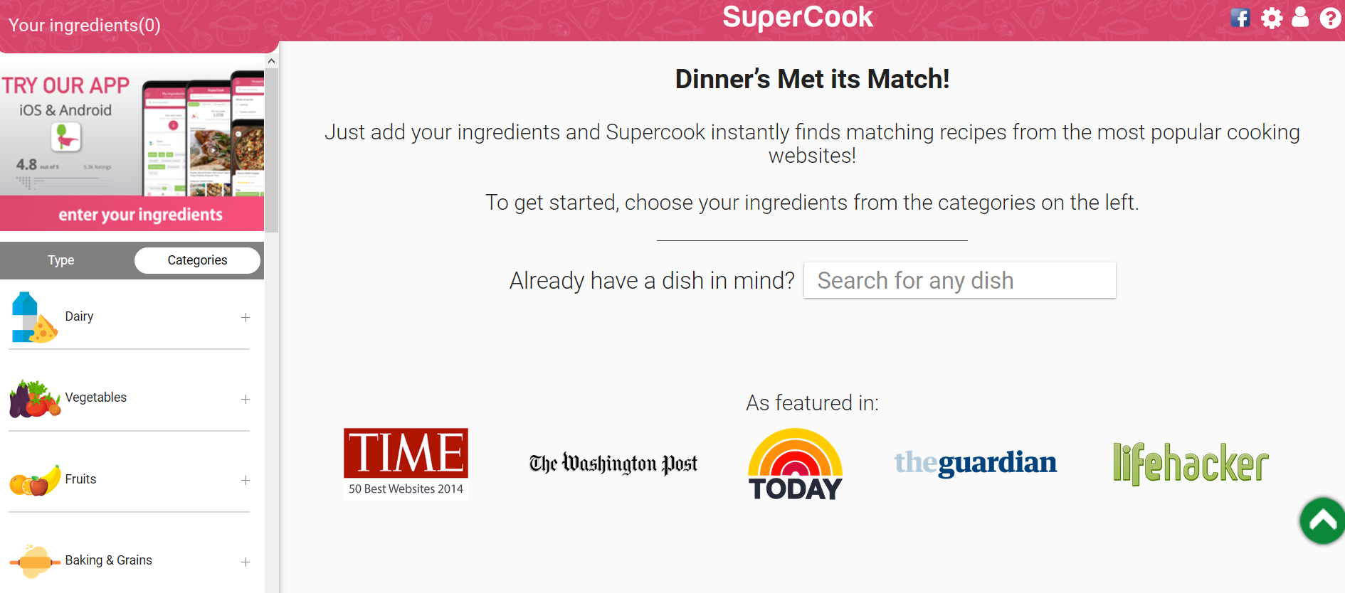 Supercook website, on the left side you can enter your ingredients by categories, or search for a dish on the right side